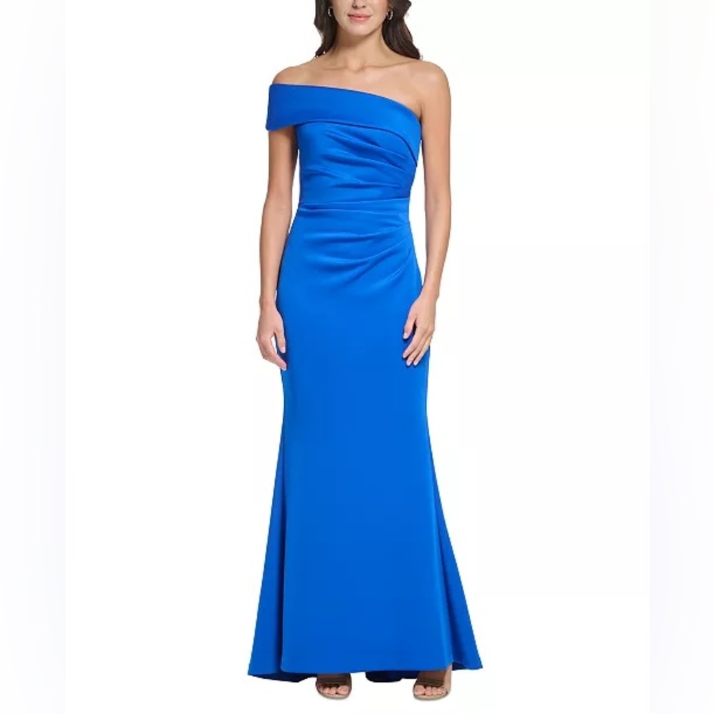 Eliza J asymmetrical one shoulder blue gown